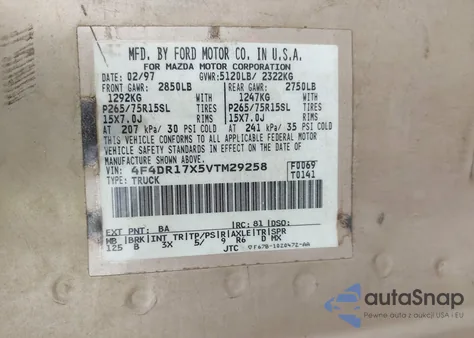 1997 Mazda B4000 Se z USA, uszkodzony, nr VIN 4F4DR17X5VTM29258